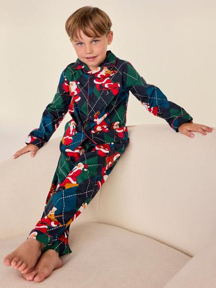 Chelsea Peers Kids' Argyle Musical Santa Print Long Pyjama Set, Navy, Navy