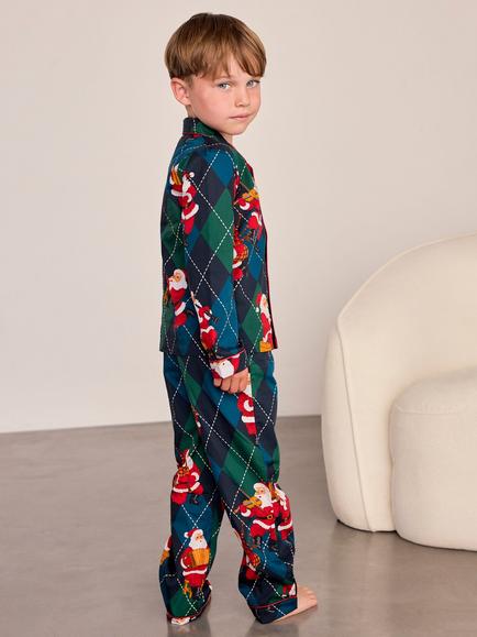 Chelsea Peers Kids' Argyle Musical Santa Print Long Pyjama Set, Navy - view 2, Navy