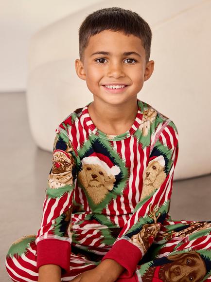Chelsea Peers Kids' Christmas Chip & Friends Stripe Print Long Pyjama Set, Red, Red