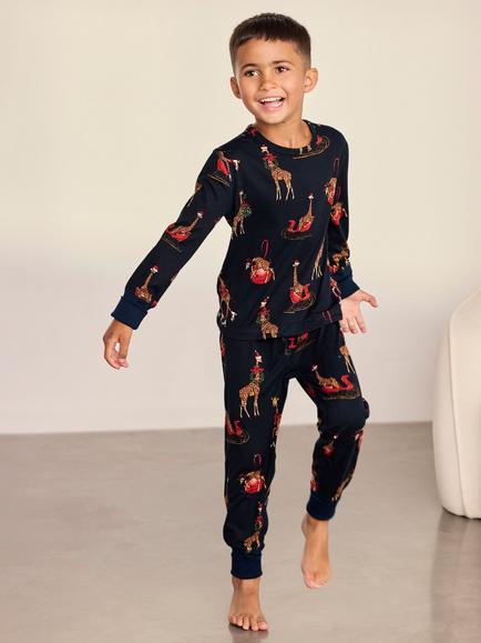 Chelsea Peers Kids' Christmas Giraffe Print Long Pyjama Set, Navy, Navy