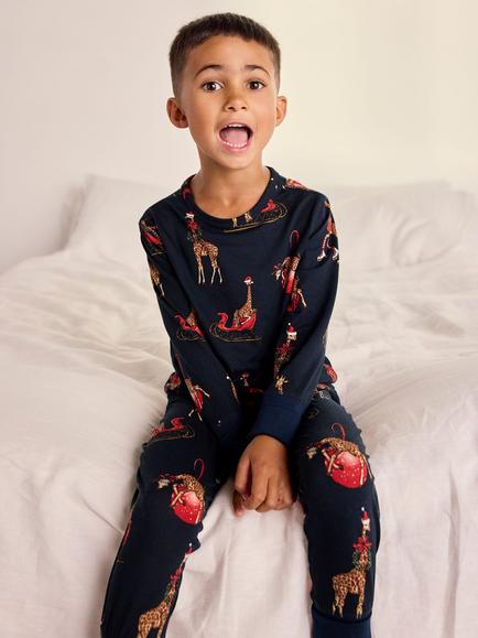 Chelsea Peers Kids' Christmas Giraffe Print Long Pyjama Set, Navy - view 2, Navy