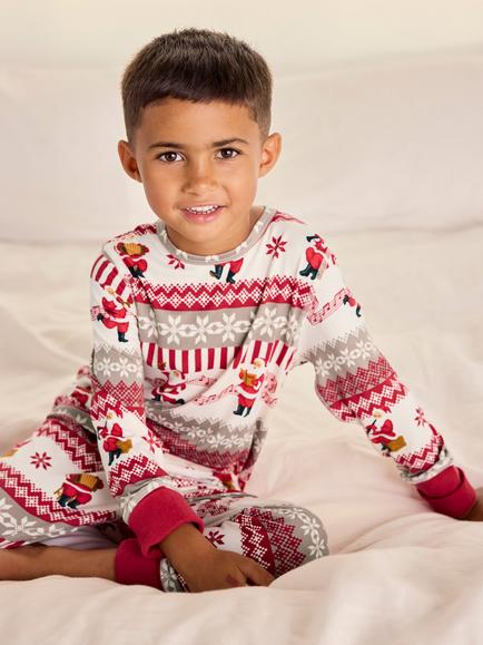 Chelsea Peers Kids' Musical Santa Fair Isle Print Long Pyjama Set, Off White - view 2, Off White