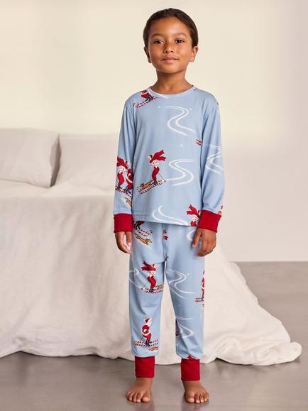 Chelsea Peers Kids' Skiing Santa Print Long Pyjama Set, Blue, Blue