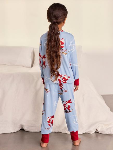 Chelsea Peers Kids' Skiing Santa Print Long Pyjama Set, Blue - view 2, Blue