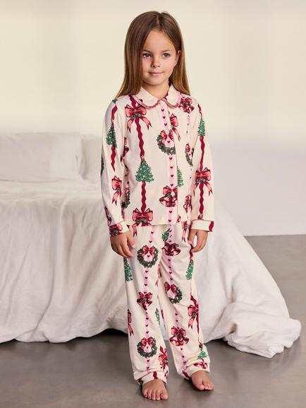Chelsea Peers Kids' Christmas Ribbon Stripe Print Long Pyjama Set, Off White, Off White