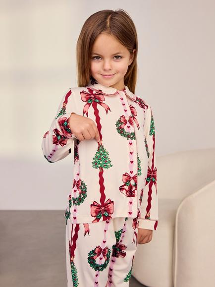 Chelsea Peers Kids' Christmas Ribbon Stripe Print Long Pyjama Set, Off White - view 2, Off White