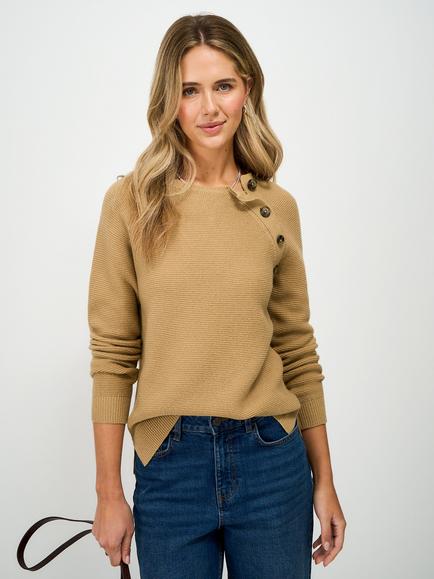 Crew Clothing Wool Rich Button Detail Jumper, Camel Brown