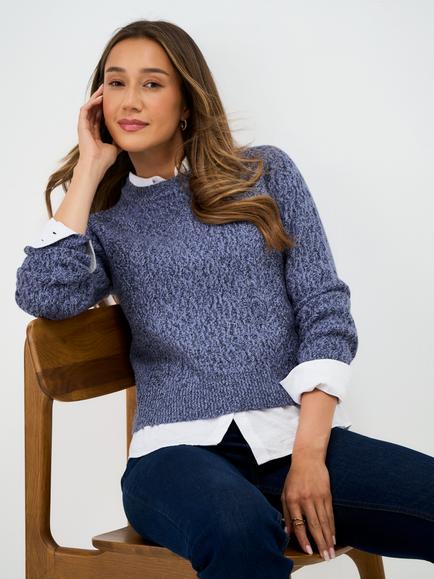 Crew Clothing Cable Mix Crew Neck Jumper, Blue, Blue