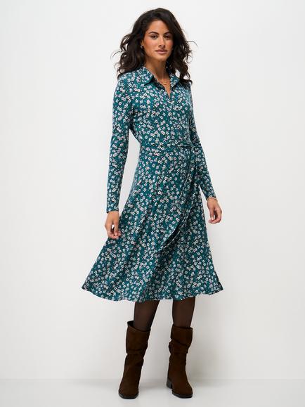 Crew Clothing Emma Jersey Blossom Print Shirt Dress containing LENZING™ ECOVERO™ Viscose, Teal/Multi, Teal/Multi