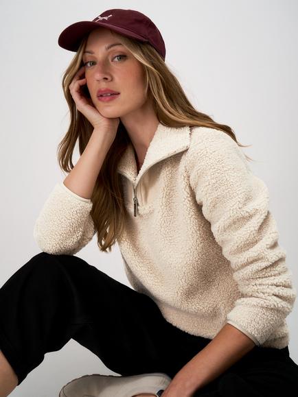 Crew Clothing Borg Ribbed Mix Half Zip Fleece Jumper, Camel Brown