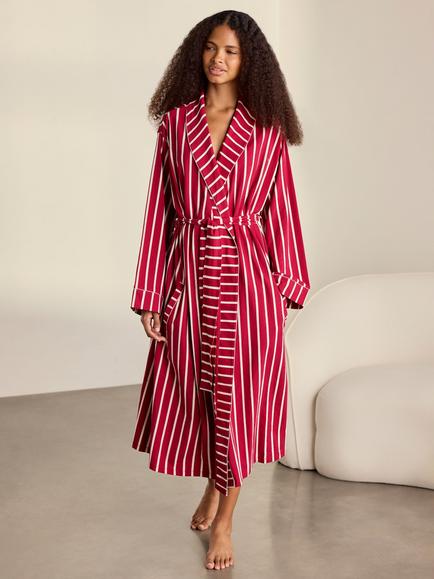 Chelsea Peers Christmas Stripe Kimono Dressing Gown, Red/White, Red/White