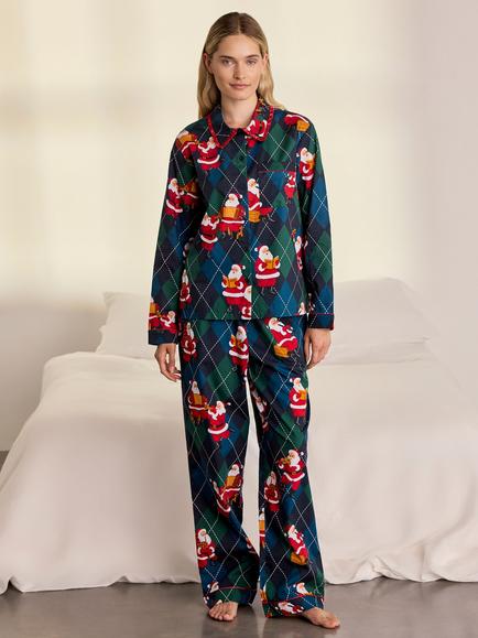 Chelsea Peers Argyle Musical Santa Print Long Pyjama Set, Navy, Navy