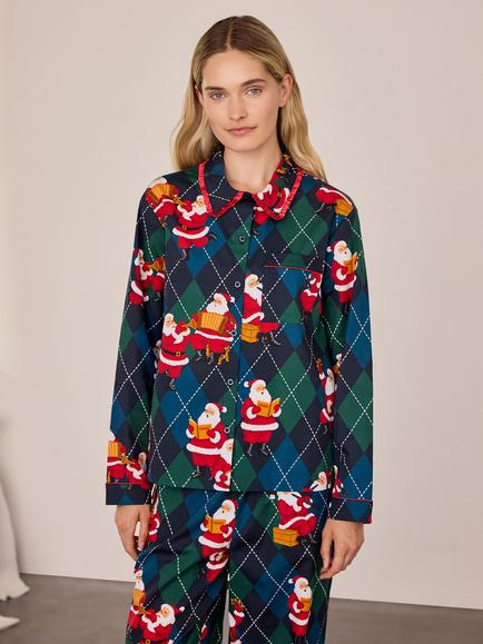 Chelsea Peers Argyle Musical Santa Print Long Pyjama Set, Navy - view 2, Navy