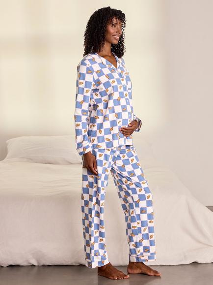 Chelsea Peers Maternity Checkerboard Croissant Print Long Pyjama Set, Blue, Blue