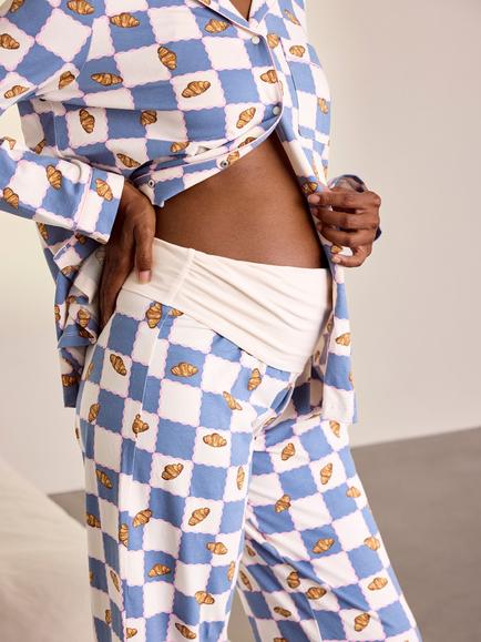 Chelsea Peers Maternity Checkerboard Croissant Print Long Pyjama Set, Blue - view 2, Blue