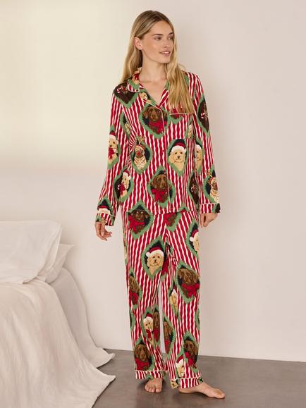 Chelsea Peers Christmas Chip & Friends Stripe Print Long Pyjama Set, Red, Red