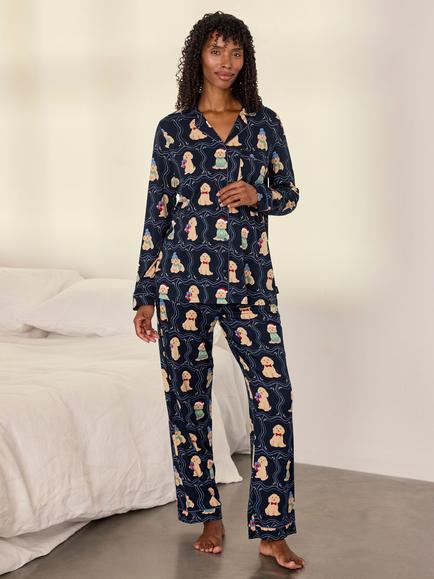 Chelsea Peers Maternity Christmas Chip the Cockapoo Portraits Print Long Pyjama Set, Navy, Navy