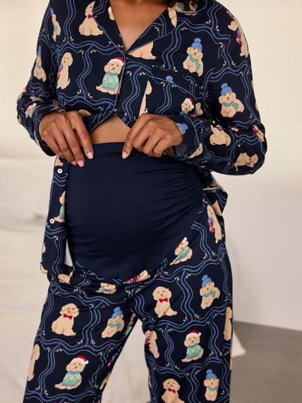 Chelsea Peers Maternity Christmas Chip the Cockapoo Portraits Print Long Pyjama Set, Navy - view 2, Navy