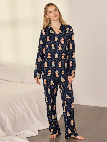 Chelsea Peers Christmas Chip the Cockapoo Portraits Print Long Pyjama Set, Navy, Navy