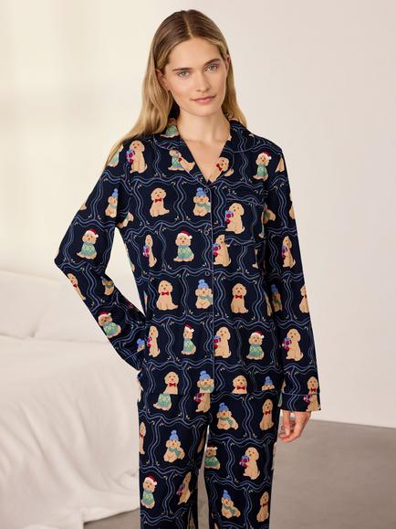 Chelsea Peers Christmas Chip the Cockapoo Portraits Print Long Pyjama Set, Navy - view 2, Navy