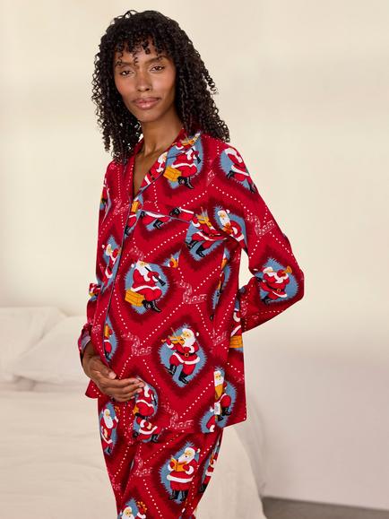 Chelsea Peers Maternity Christmas Santa Songbook Print Long Pyjama Set, Red, Red