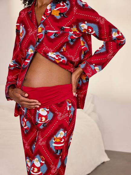 Chelsea Peers Maternity Christmas Santa Songbook Print Long Pyjama Set, Red - view 2, Red