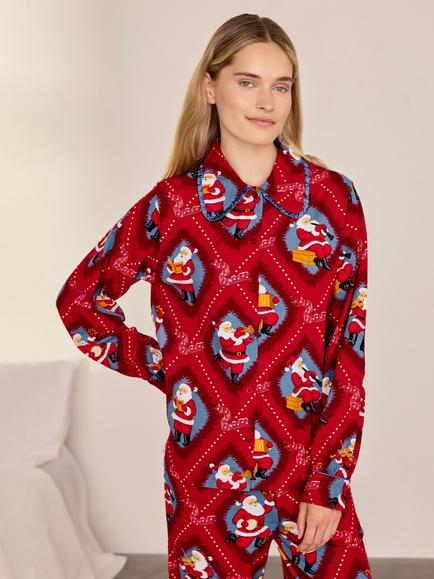 Chelsea Peers Christmas Santa Songbook Print Long Pyjama Set, Red - view 2, Red