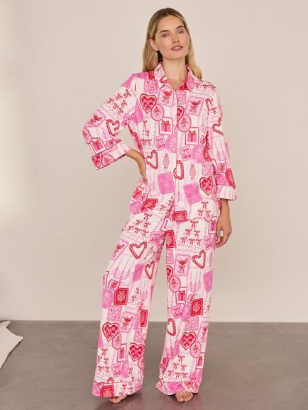 Chelsea Peers Christmas Stamps Print Long Pyjama Set, Pink, Pink