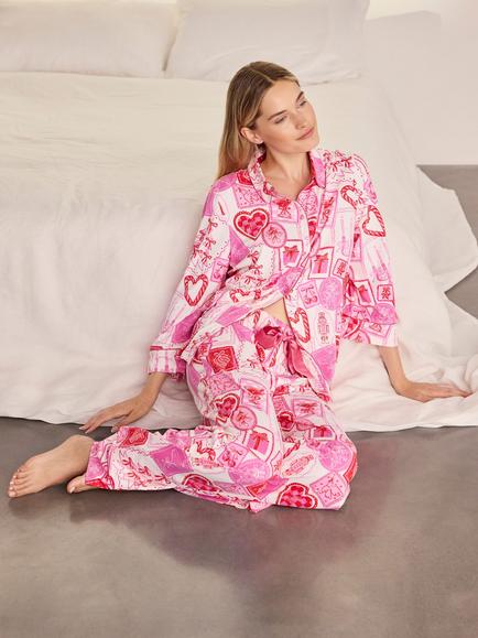 Chelsea Peers Christmas Stamps Print Long Pyjama Set, Pink - view 2, Pink