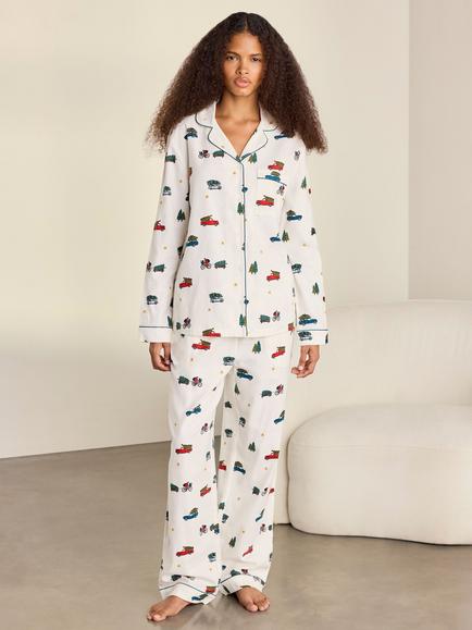 Chelsea Peers Christmas Tree Car Print Long Pyjama Set, White, White