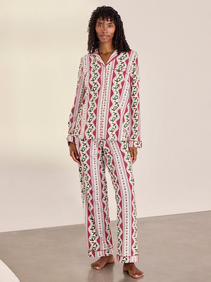 Chelsea Peers Maternity Garland Holly Stripe Print Long Pyjama Set, Red, Red