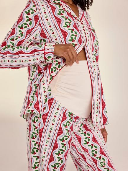 Chelsea Peers Maternity Garland Holly Stripe Print Long Pyjama Set, Red - view 2, Red