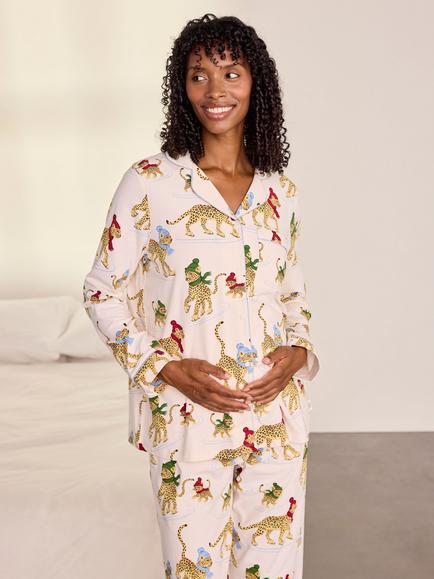 Chelsea Peers Maternity Ice Skating Leopards Print Long Pyjama Set, Off White, Off White
