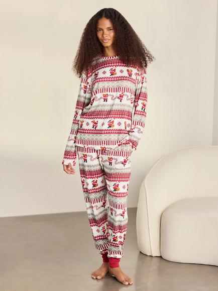 Chelsea Peers Musical Santa Fair Isle Print Long Pyjama Set, Off White, Off White