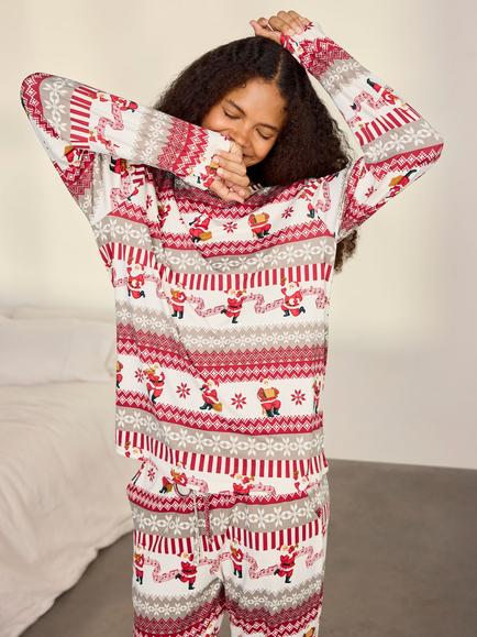 Chelsea Peers Musical Santa Fair Isle Print Long Pyjama Set, Off White - view 2, Off White