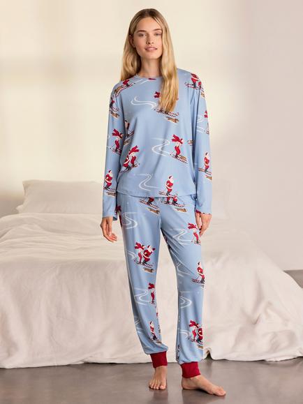 Chelsea Peers Skiing Santa Print Long Pyjama Set, Blue, Blue