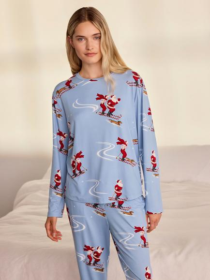 Chelsea Peers Skiing Santa Print Long Pyjama Set, Blue - view 2, Blue