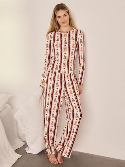 Chelsea Peers Christmas Chip the Cockapoo Stripe Print Long Pyjama Set, Off White, Off White