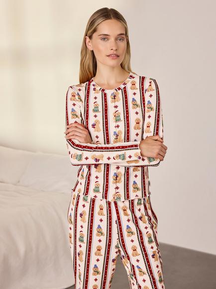 Chelsea Peers Christmas Chip the Cockapoo Stripe Print Long Pyjama Set, Off White - view 2, Off White