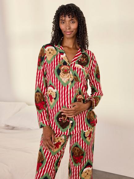 Chelsea Peers Maternity Christmas Chip & Friends Stripe Print Long Pyjama Set, Red, Red
