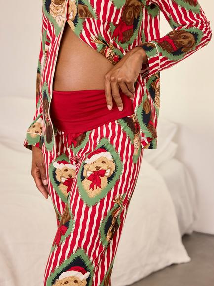 Chelsea Peers Maternity Christmas Chip & Friends Stripe Print Long Pyjama Set, Red - view 2, Red