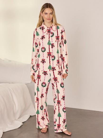 Chelsea Peers Christmas Ribbon Stripe Print Long Pyjama Set, Off White, Off White
