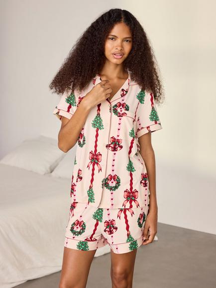 Chelsea Peers Christmas Ribbon Stripe Print Short Pyjama Set, Off White, Off White