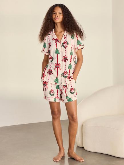 Chelsea Peers Christmas Ribbon Stripe Print Short Pyjama Set, Off White - view 2, Off White