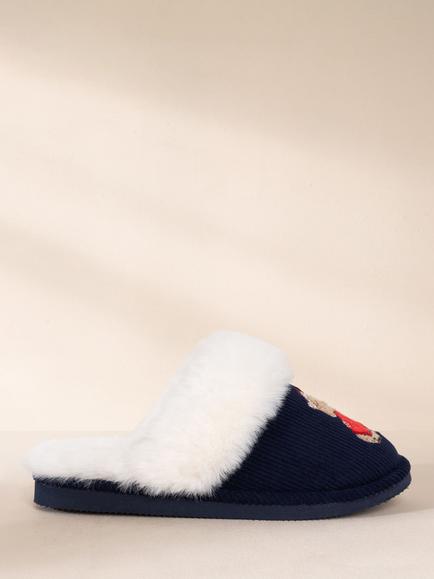 Chelsea Peers Embroidered Corduroy Slippers, Navy, Navy