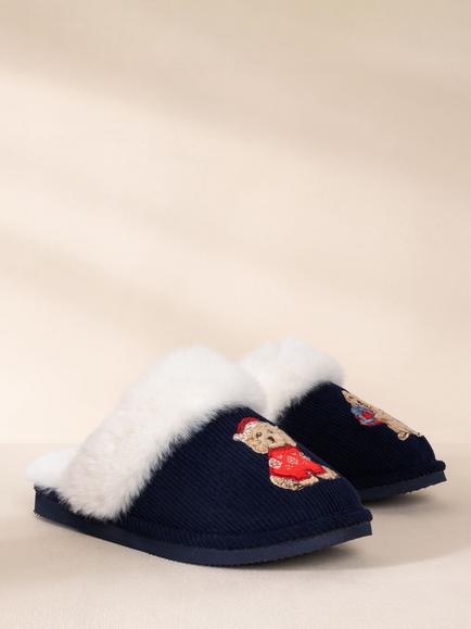 Chelsea Peers Embroidered Corduroy Slippers, Navy - view 2, Navy
