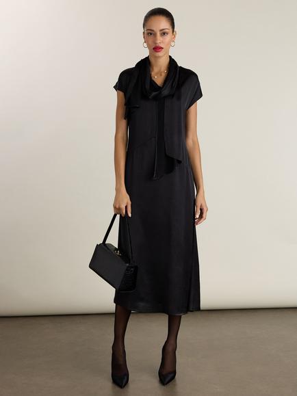 Baukjen Mishka Integrated Scarf Satin Dress, Black, Black