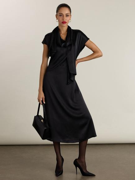 Baukjen Mishka Integrated Scarf Satin Dress, Black - view 2, Black