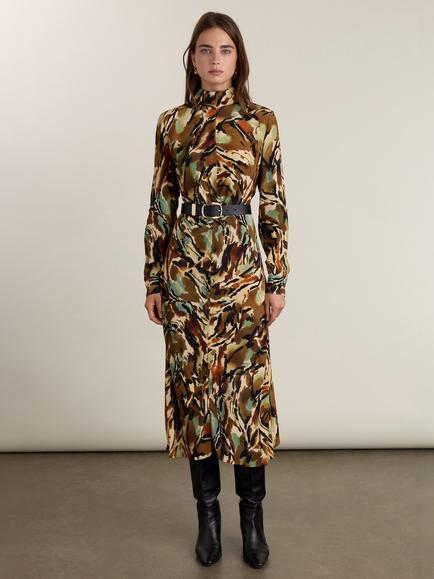 Baukjen Neesha Abstract Print Flared Dress, Brown, Brown