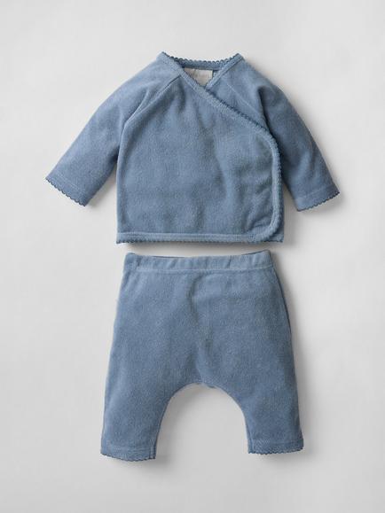 Oat & Marl Baby Plush Towelling Two Piece Top and Trousers Set, Vintage Blue, Vintage Blue